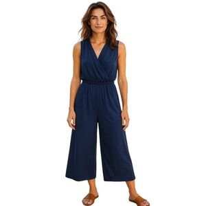 Halogen Womens Blue Wrap Front Sleeveless Wide Leg Cropped Jumpsuit Size Small